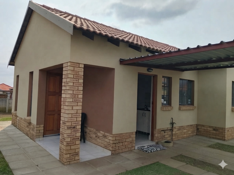A well-maintained single-story home featuring a tiled roof, brick accents, and a convenient attached carport with paved exterior pathways.
