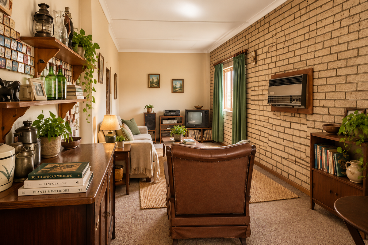 A cozy living room featuring a distinctive exposed brick wall, wall-mounted gas heater, and neutral carpeting, offering a warm and traditional atmosphere.