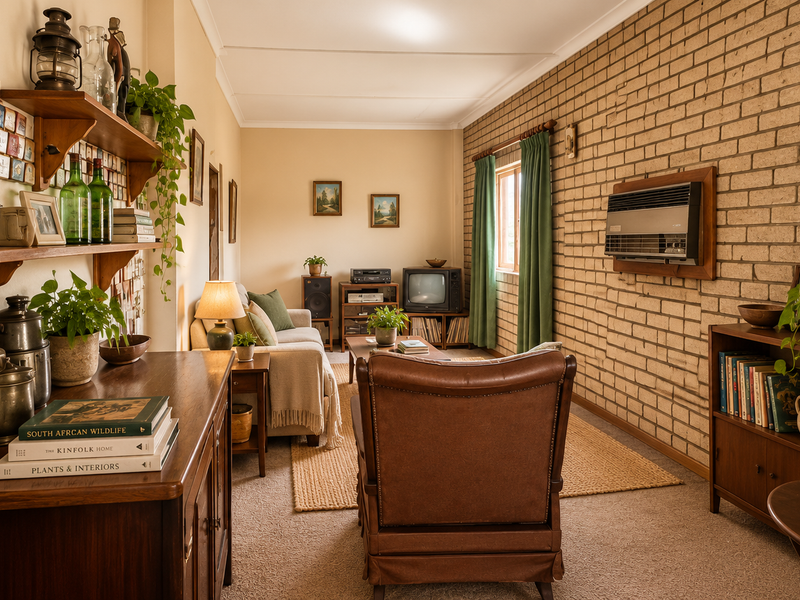 A cozy living room featuring a distinctive exposed brick wall, wall-mounted gas heater, and neutral carpeting, offering a warm and traditional atmosphere.