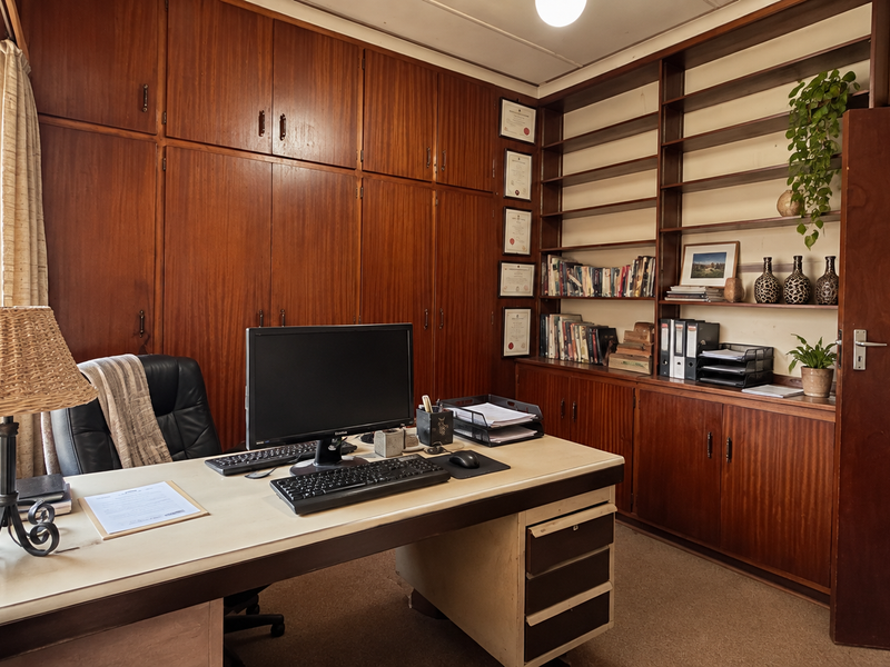 A home office featuring extensive built-in wooden cabinetry and shelving, providing ample storage space and a functional workspace with natural light.