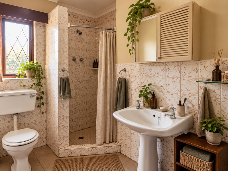 A functional bathroom featuring a pedestal basin, a tiled shower enclosure, and a toilet, finished with classic patterned wall tiles.
