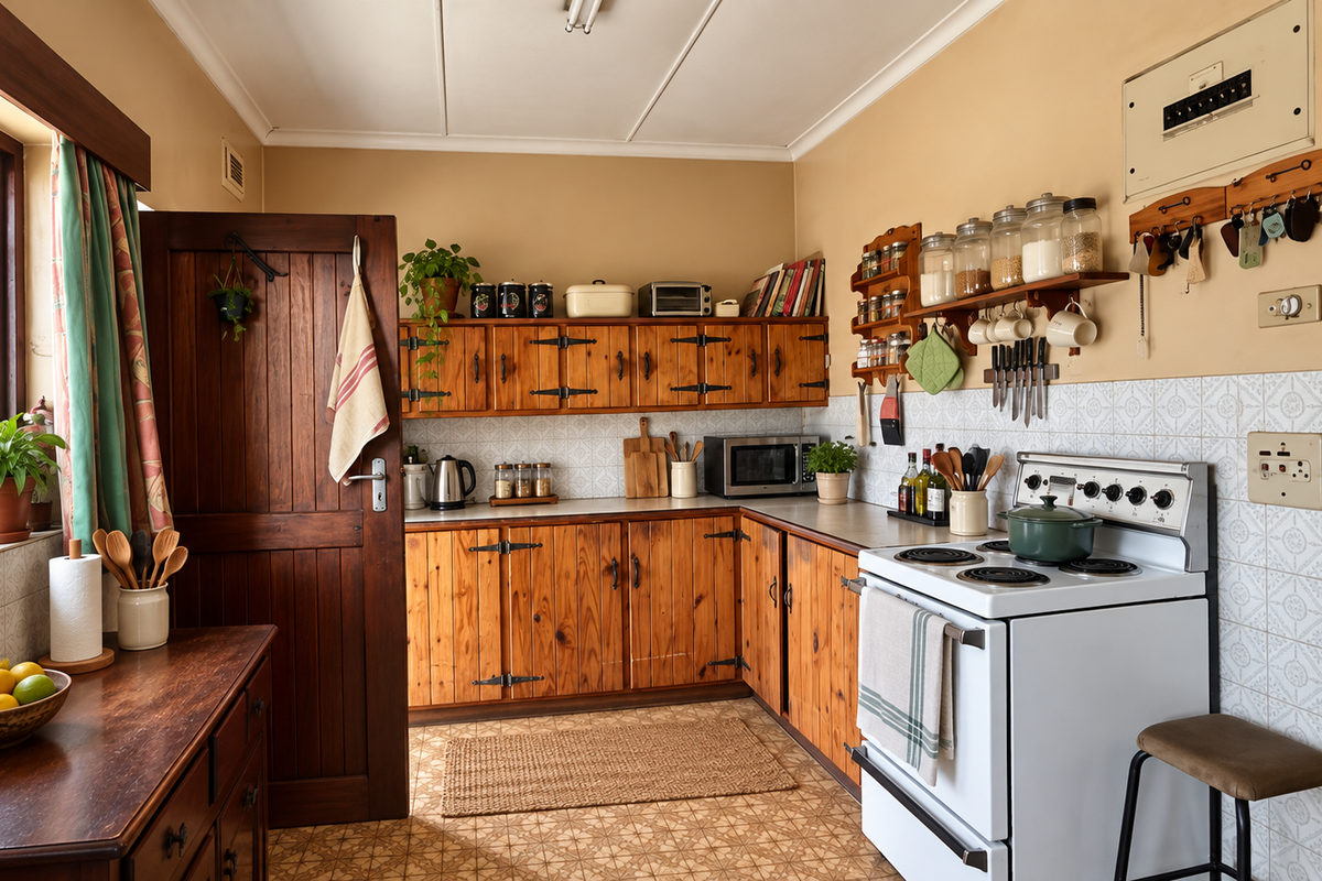A traditional kitchen featuring wooden cabinetry, tiled backsplash, and a freestanding stove, offering a functional layout with classic finishes.