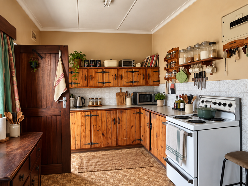 A traditional kitchen featuring wooden cabinetry, tiled backsplash, and a freestanding stove, offering a functional layout with classic finishes.