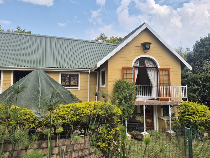 Rear view of the house featuring a corrugated metal roof, yellow timber-clad walls, and an elevated balcony with arched access doors.
