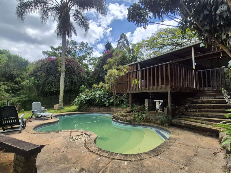 Outdoor pool area featuring a kidney-shaped swimming pool, stone paving, and an elevated wooden deck with stairs leading to the main structure.