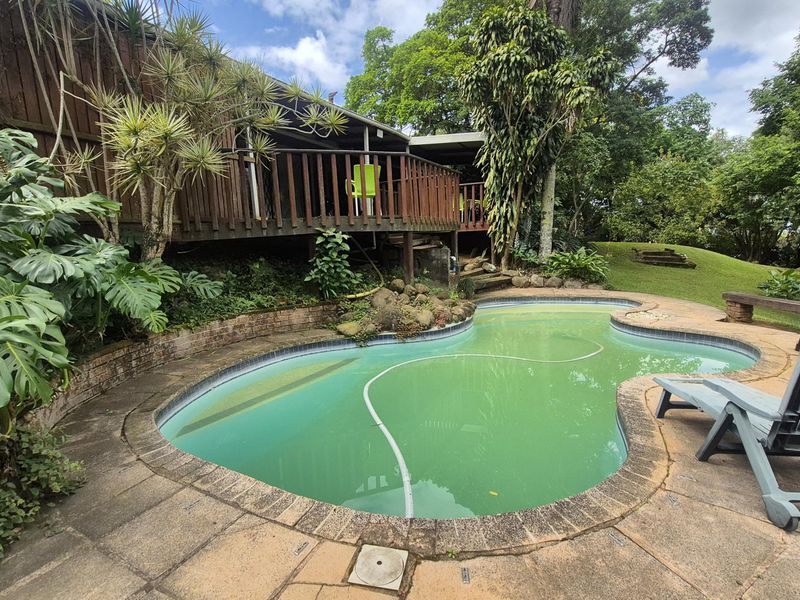Outdoor pool area featuring a kidney-shaped swimming pool, stone paving, and an elevated wooden deck overlooking a lush garden setting.