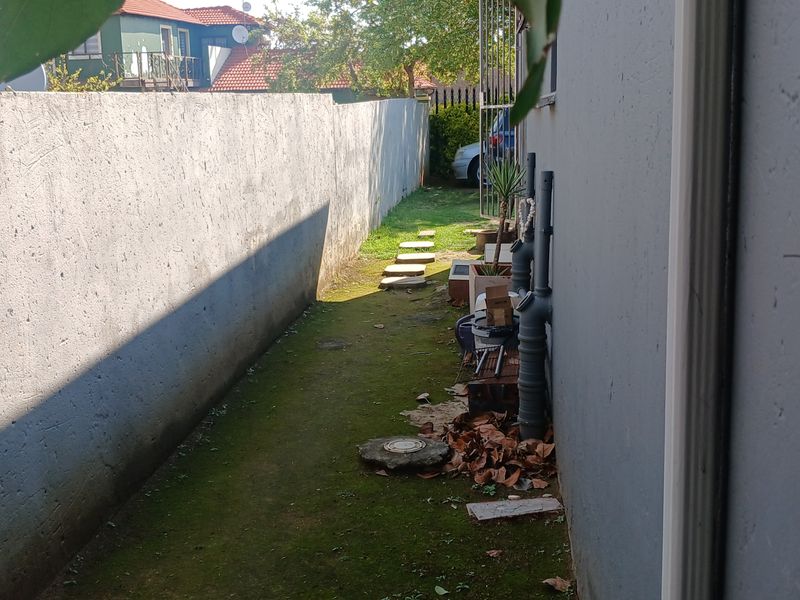 A narrow side passage or rear exterior area featuring a high boundary wall, drainage downpipes, and stepping stones leading to the back garden.