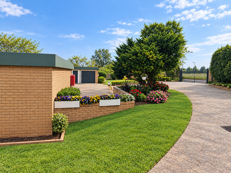 Well-maintained front exterior featuring a brick facade, paved driveway, landscaped garden beds, and secure gated access to the property.