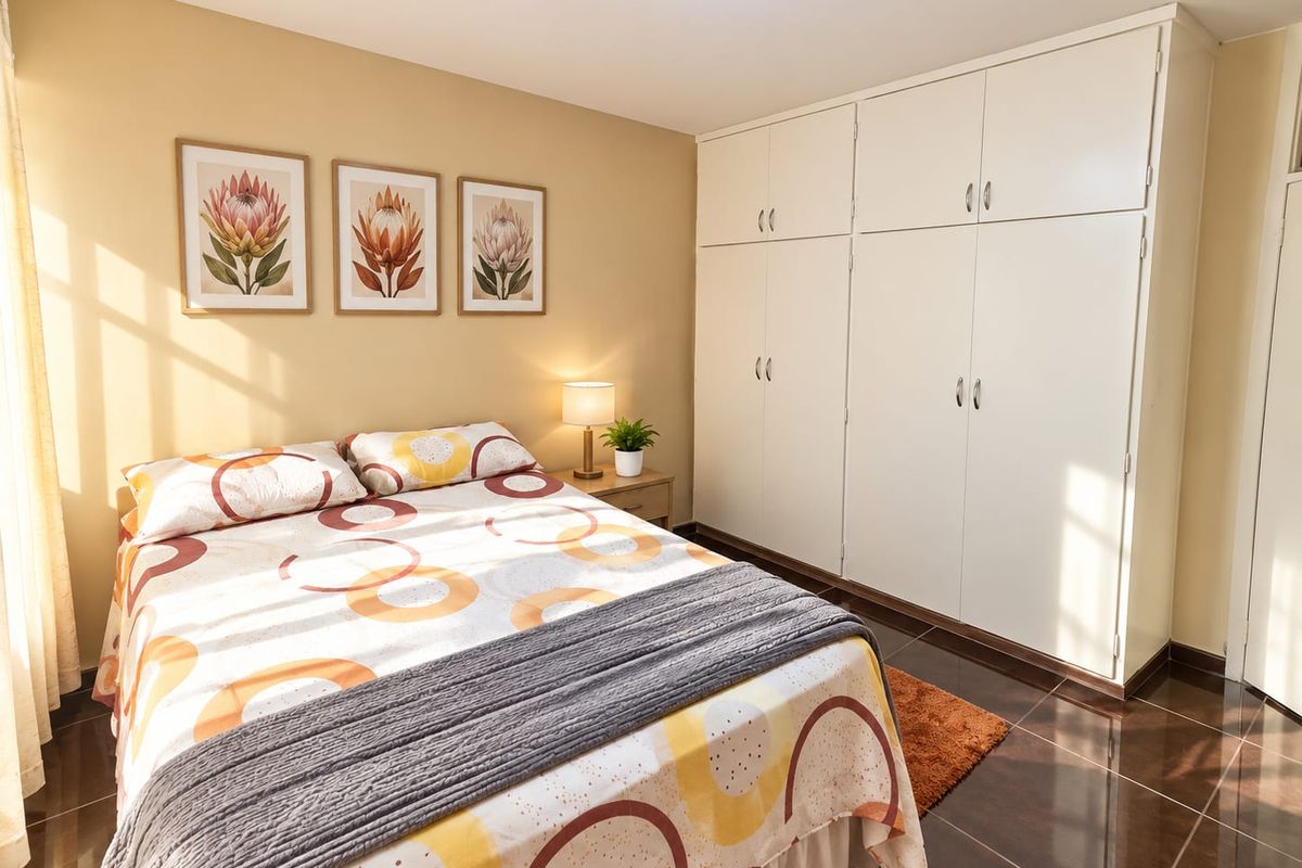 A well-lit bedroom featuring ample built-in cupboard storage and tiled flooring, creating a comfortable and functional living space.