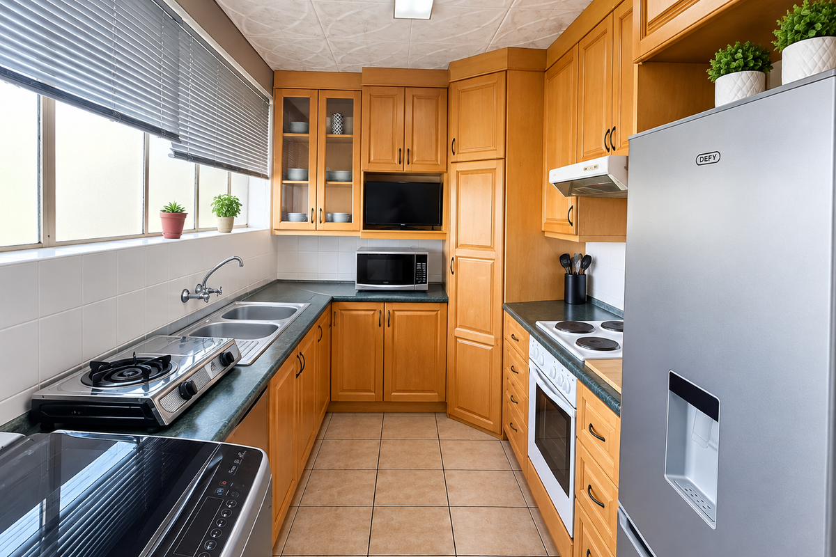A functional kitchen featuring wooden cabinetry, laminate countertops, a double basin sink, and built-in cooking appliances with tiled flooring and natural light.