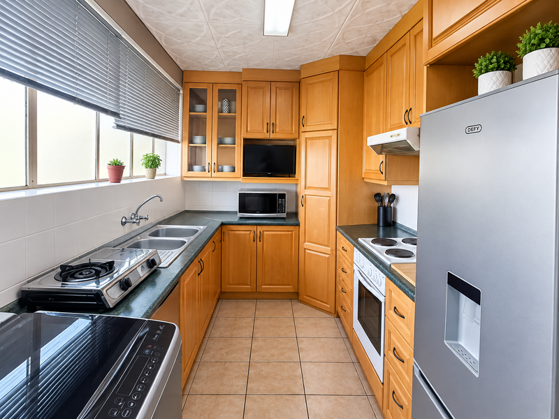 A functional kitchen featuring wooden cabinetry, laminate countertops, a double basin sink, and built-in cooking appliances with tiled flooring and natural light.