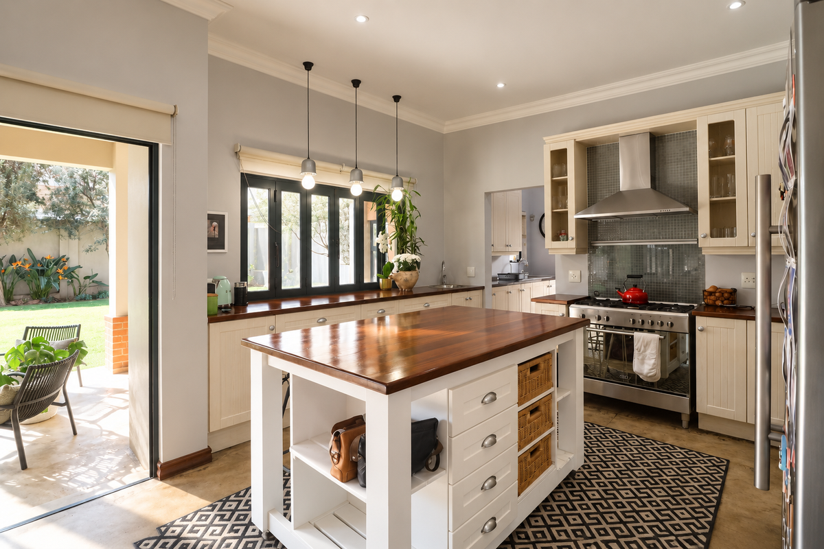 A bright, well-maintained kitchen featuring a central wooden island, gas stove with extractor, and direct access to an outdoor patio area.