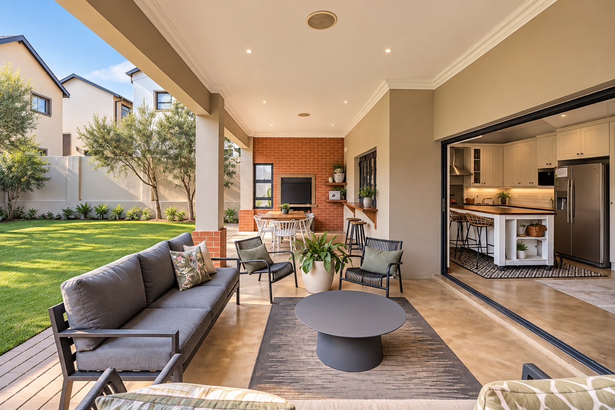 Spacious covered patio featuring a built-in braai, recessed lighting, and seamless flow into the kitchen through large sliding glass doors, overlooking the garden.