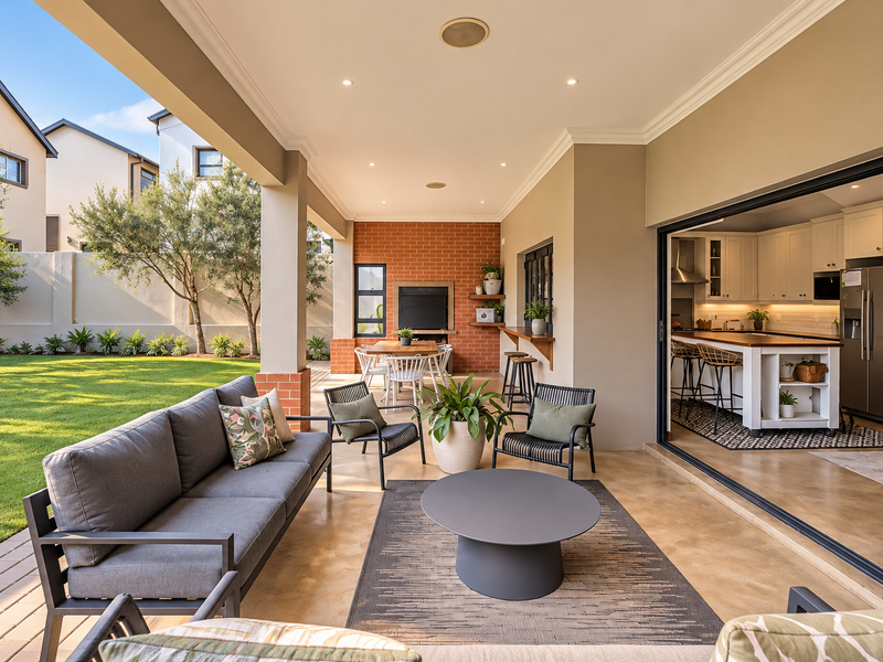Spacious covered patio featuring a built-in braai, recessed lighting, and seamless flow into the kitchen through large sliding glass doors, overlooking the garden.