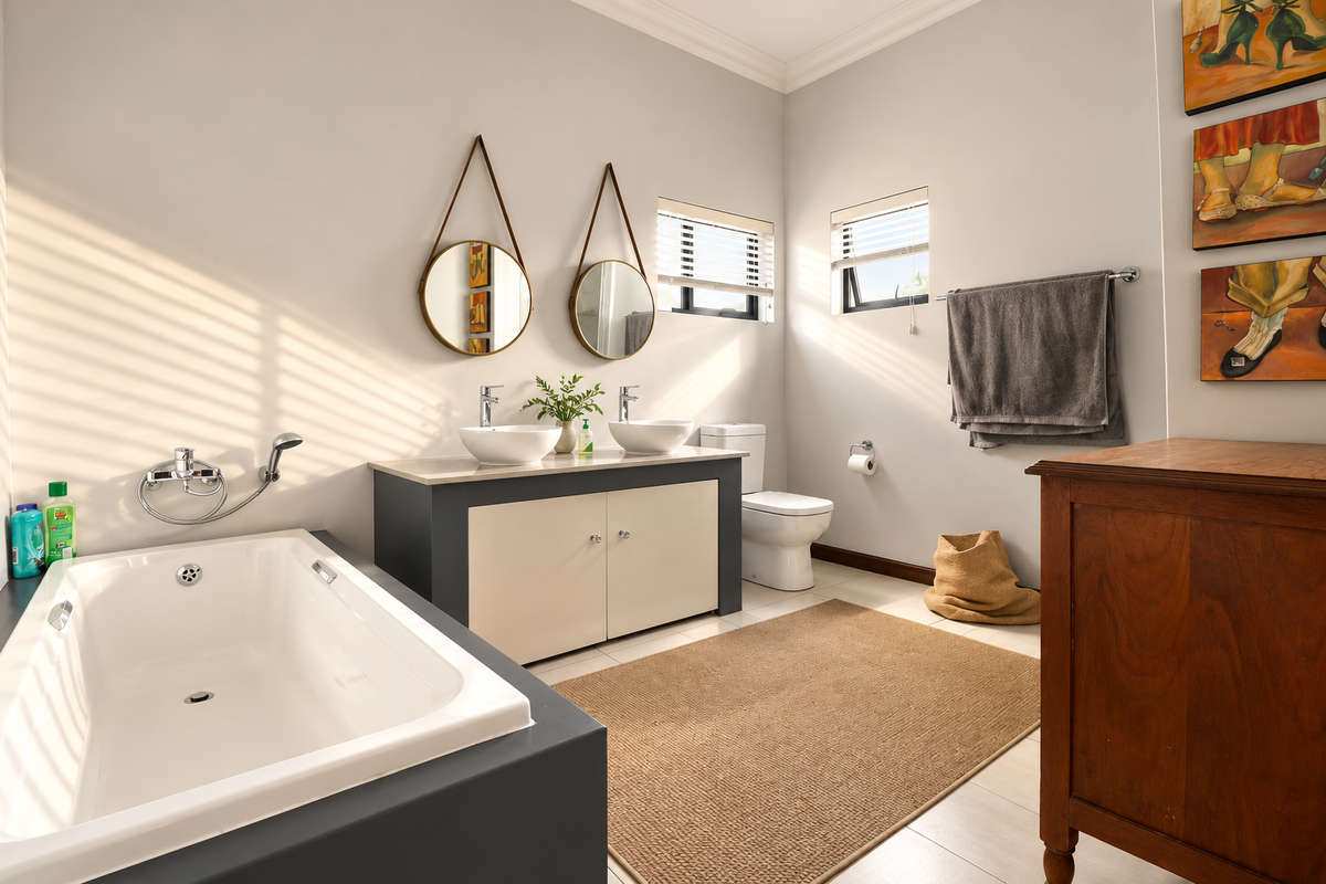 A well-maintained bathroom featuring a built-in bathtub, double vanity with vessel sinks, and modern fixtures, illuminated by natural light from dual windows.