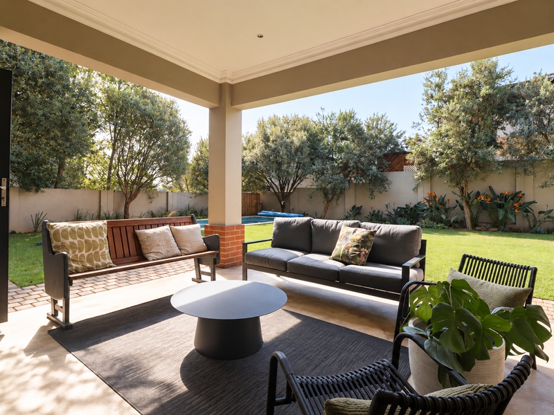 A spacious covered patio featuring brick-based pillars and concrete flooring, overlooking a well-maintained garden and swimming pool area.