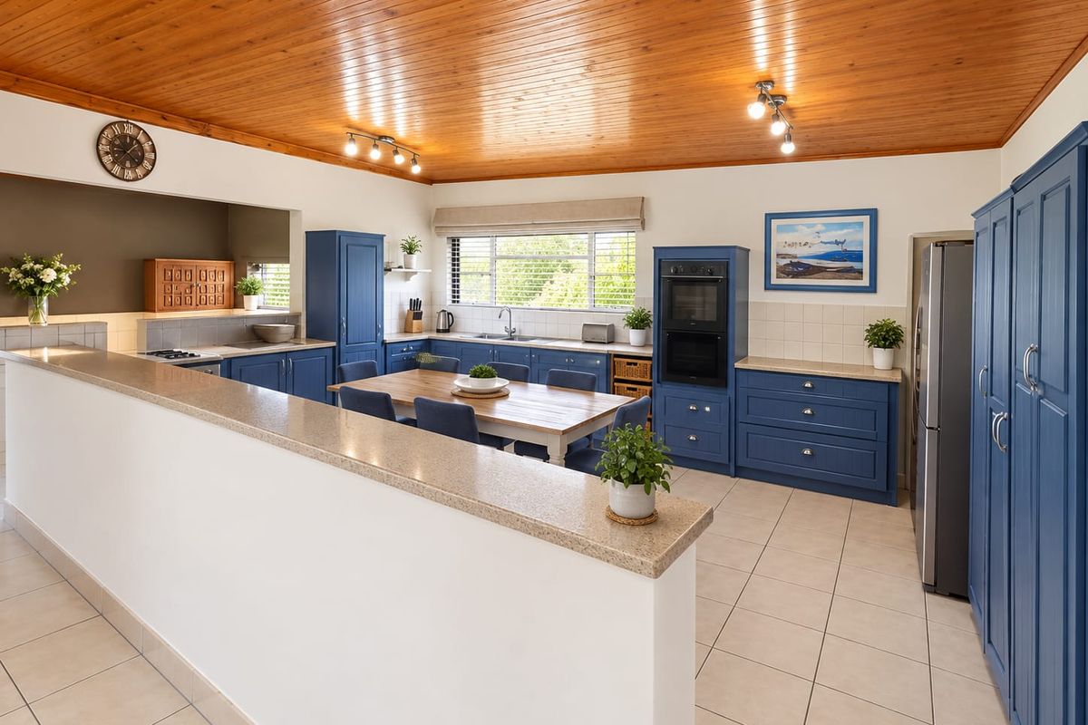 Spacious kitchen featuring blue cabinetry, a stone-look breakfast bar, double wall oven, and a warm timber tongue and groove ceiling.
