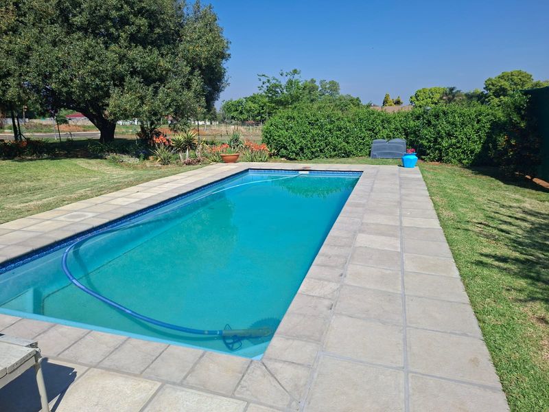 A well-maintained rectangular swimming pool featuring stone coping and a paved surround, set within a landscaped garden area.