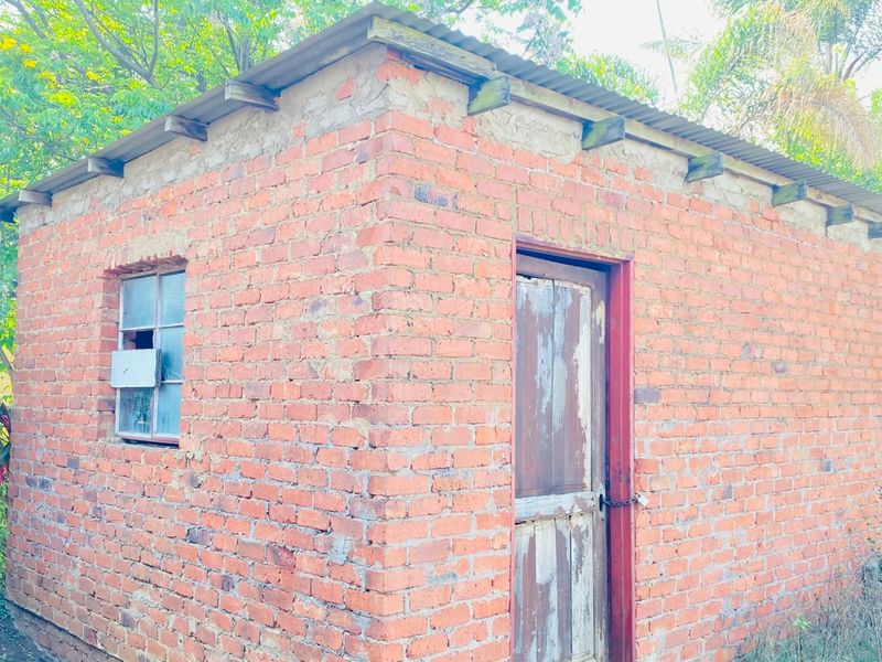 A small, detached brick outbuilding featuring a corrugated metal roof, timber door, and steel-framed window, currently in need of maintenance and repair.