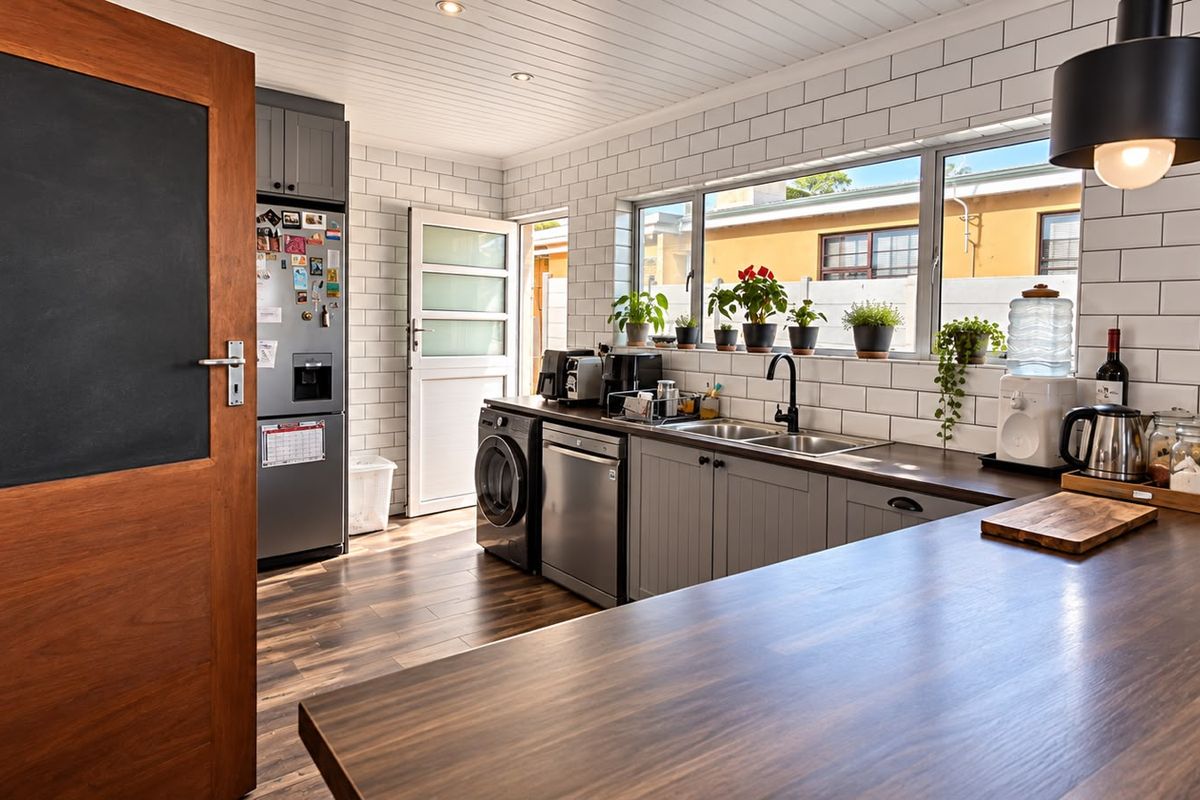 Modern kitchen featuring subway tile backsplash, dark wood-look countertops, stainless steel sink, and integrated cabinetry with recessed and pendant lighting.