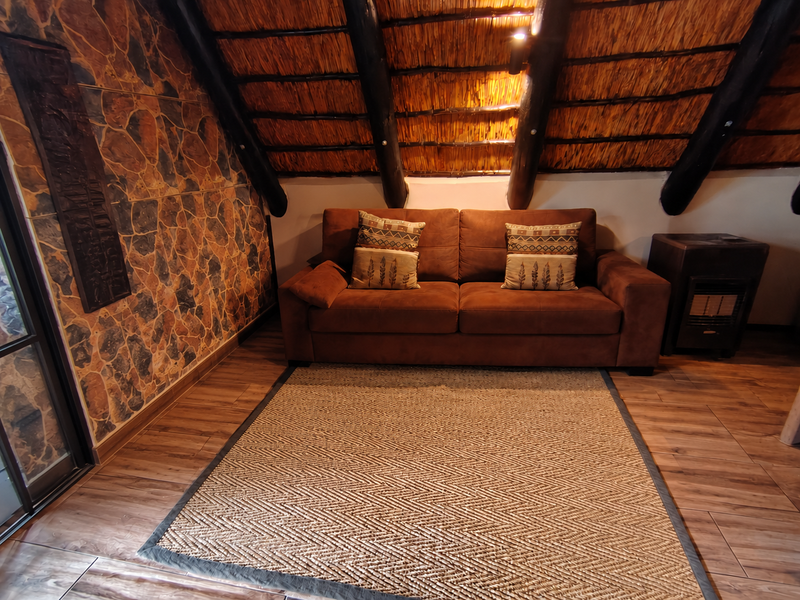 A cozy living area featuring a unique thatched ceiling with exposed timber rafters, a stone-clad feature wall, and durable tiled flooring.
