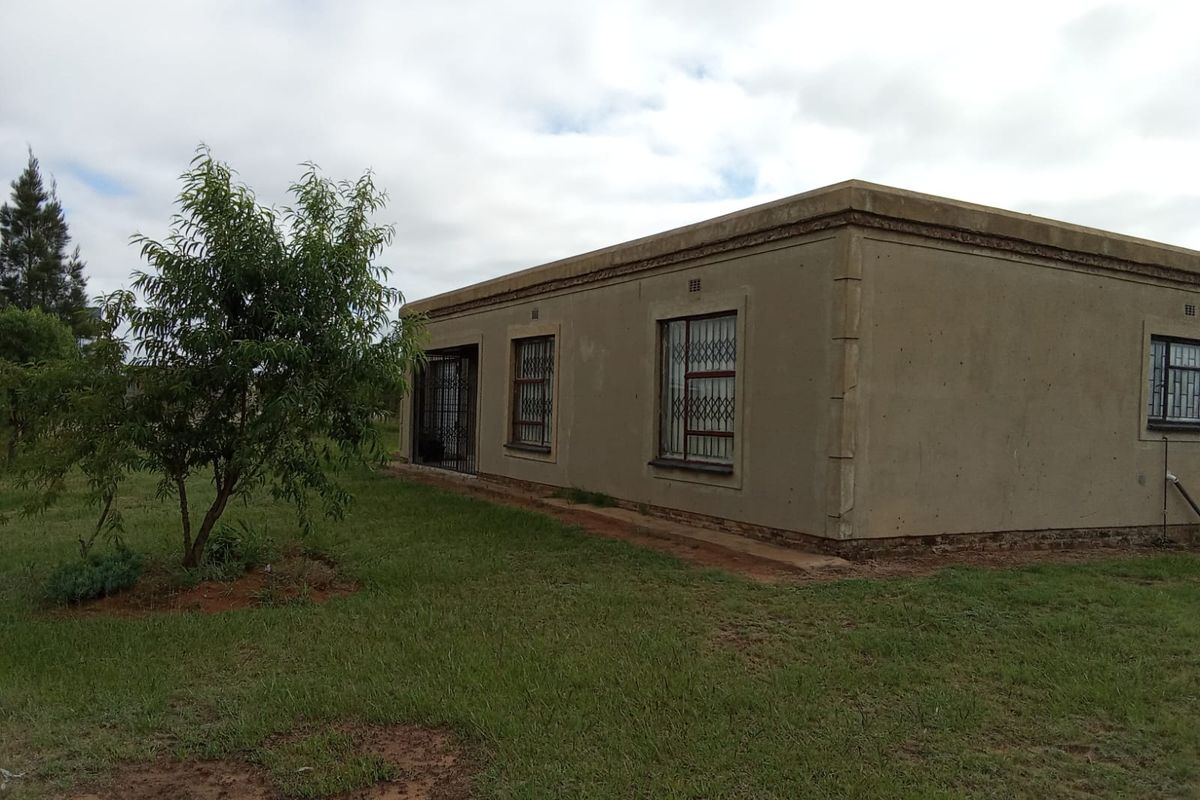 Rear view of a single-story house featuring a concrete facade with security bars on windows and a surrounding grass yard.
