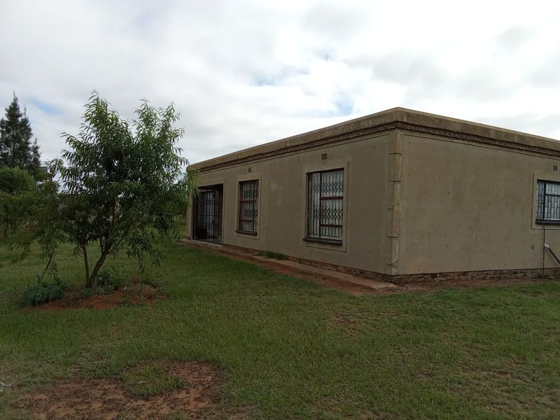 Rear view of a single-story house featuring a concrete facade with security bars on windows and a surrounding grass yard.