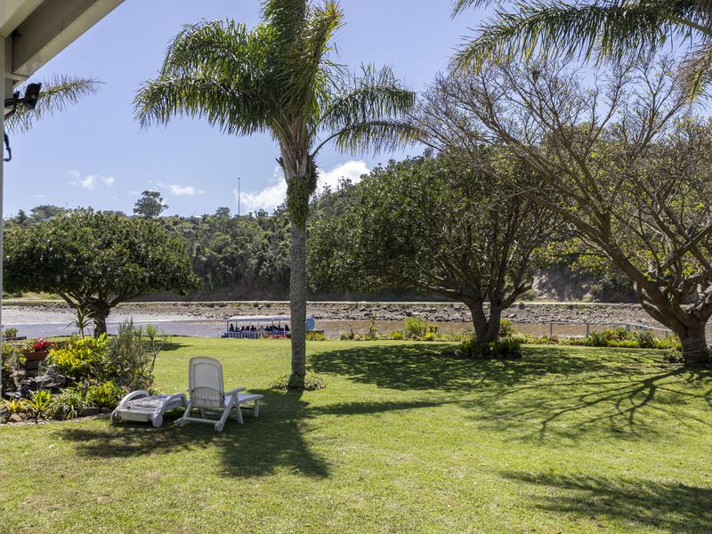 A well-maintained garden featuring mature trees and a palm, offering direct views of the river and natural surroundings.