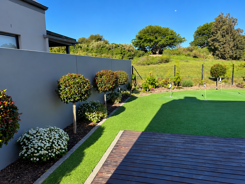 A well-maintained garden featuring a timber deck, artificial turf putting green, and landscaped boundary wall with manicured shrubs.