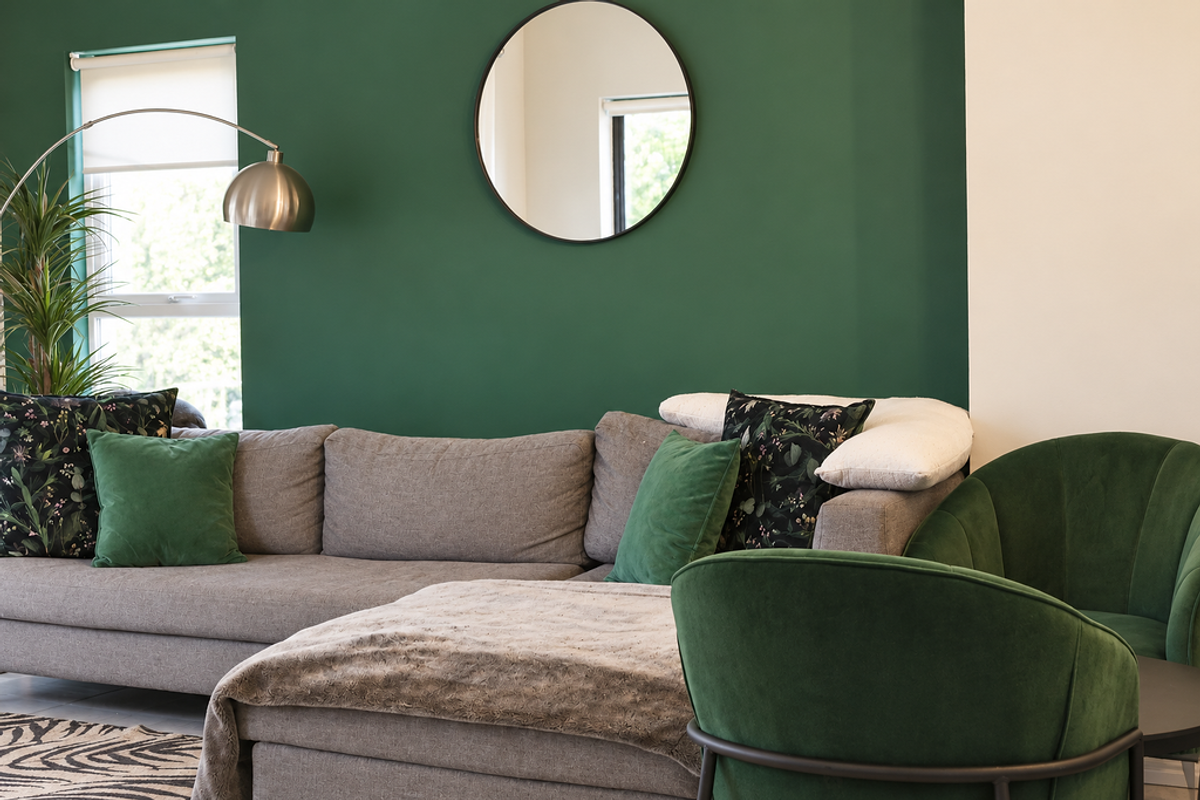 A well-maintained living room featuring a bold green accent wall, neutral flooring, and a large window with a roller blind.