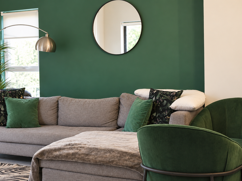 A well-maintained living room featuring a bold green accent wall, neutral flooring, and a large window with a roller blind.