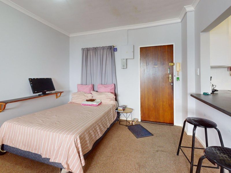 Compact open-plan studio apartment featuring a combined living and sleeping area with an adjacent kitchen counter and sink.