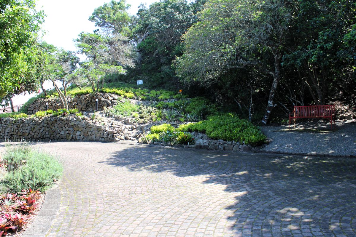 A well-maintained residential garden featuring tiered stone retaining walls, established trees, and a paved driveway area.