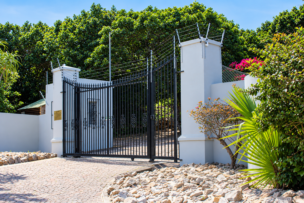 A secure residential entrance featuring a black wrought iron gate, masonry pillars with electric fencing, and a well-maintained cobblestone driveway.