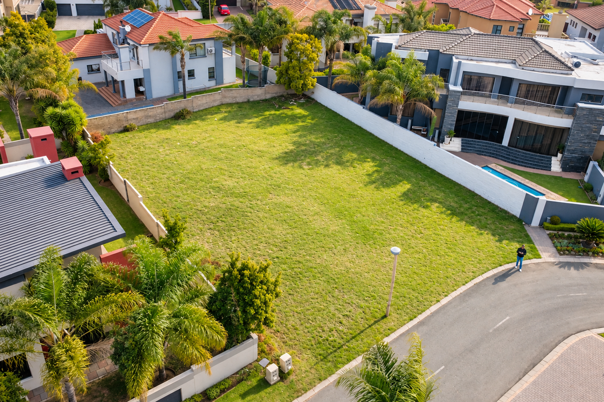 An elevated aerial view of a vacant residential plot situated within a developed estate, featuring established boundary walls and street access.