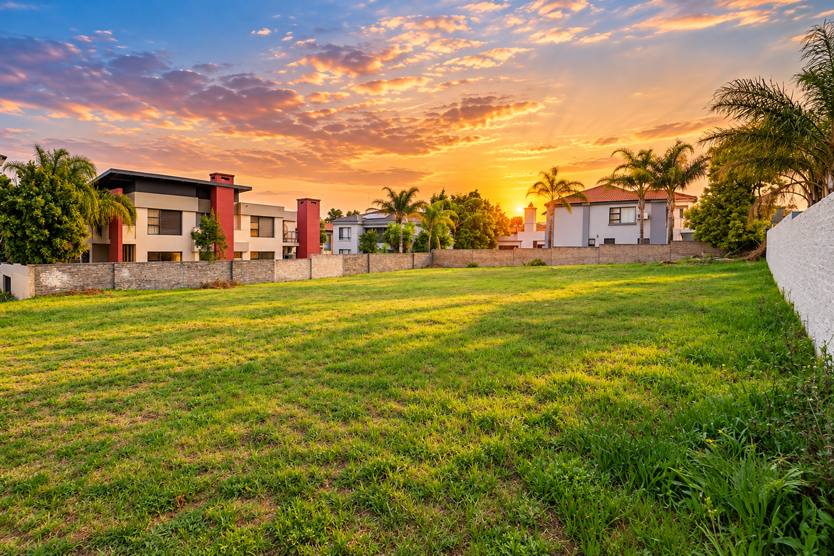 A spacious, level residential vacant plot featuring a well-maintained lawn and secure boundary walls, set against a scenic sunset backdrop.