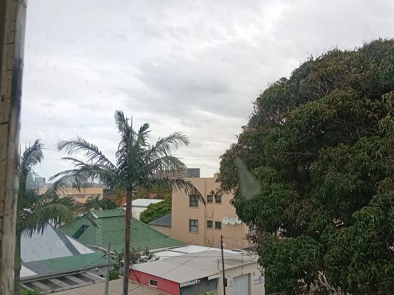An elevated view overlooking the surrounding neighborhood, featuring mature trees, residential rooftops, and urban infrastructure under a cloudy sky.