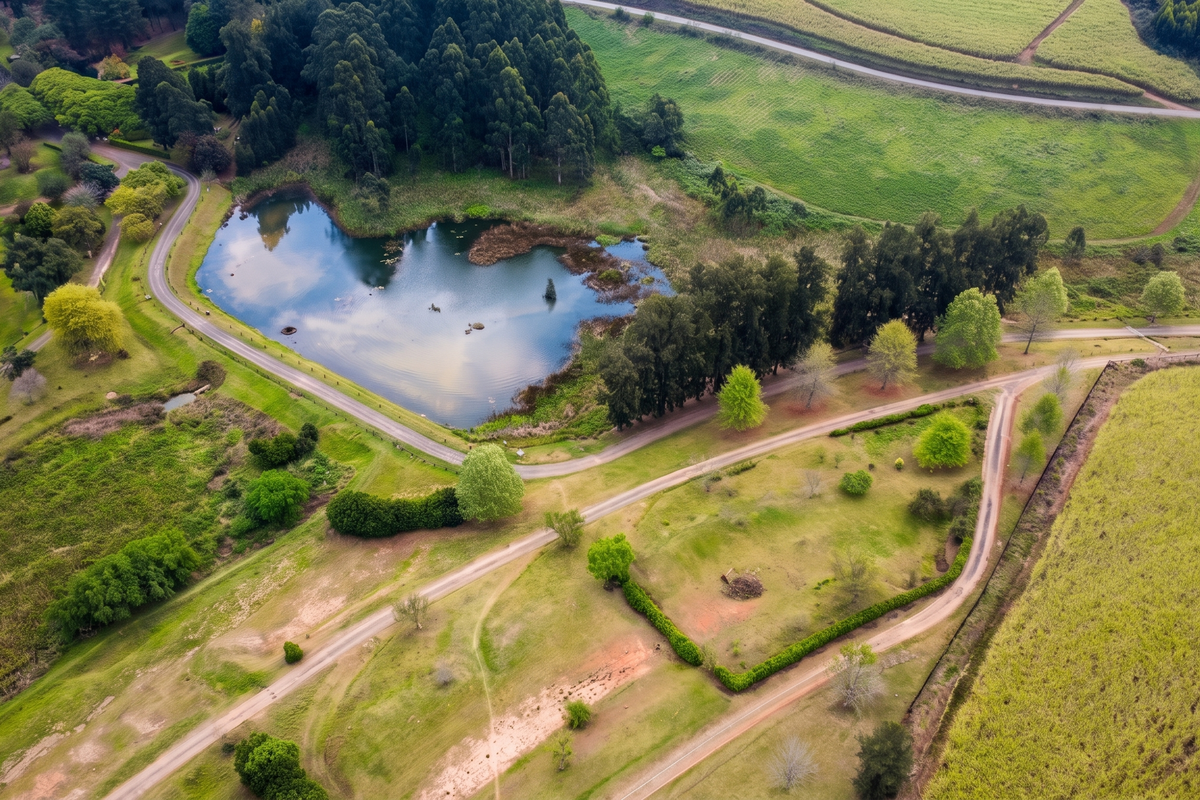 An aerial view of a vacant residential plot featuring natural landscape, mature trees, a pond, and established dirt access roads.