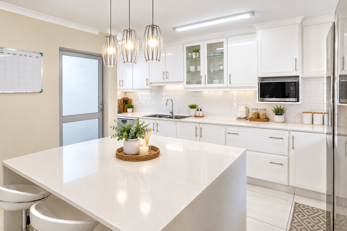 Modern kitchen featuring a central island with quartz countertops, white shaker cabinetry, subway tile backsplash, and integrated appliances.