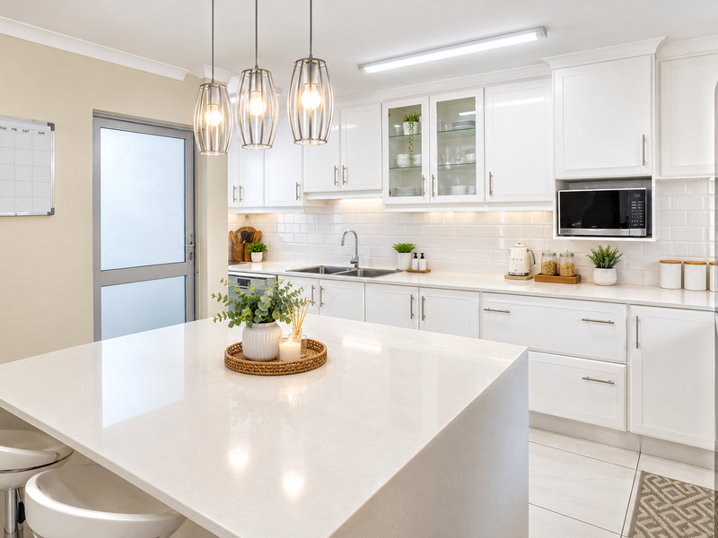 Modern kitchen featuring a central island with quartz countertops, white shaker cabinetry, subway tile backsplash, and integrated appliances.