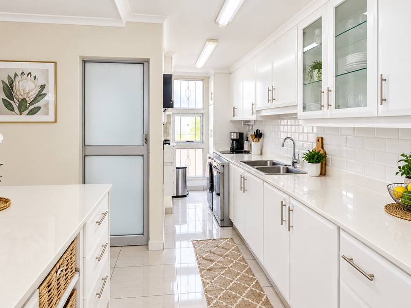 A bright, modern kitchen featuring white cabinetry, quartz countertops, a subway tile backsplash, and a functional layout with ample storage and natural light.