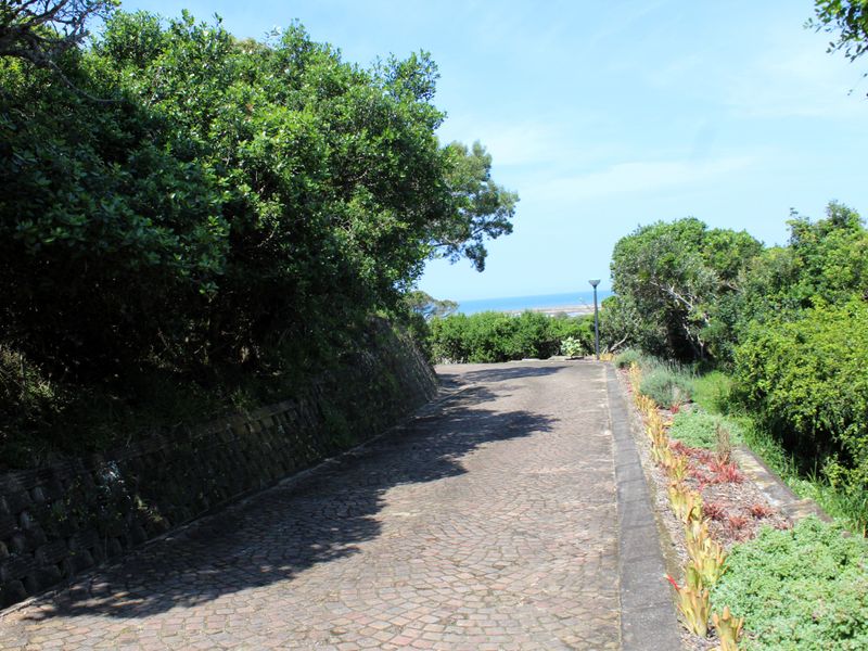 A well-maintained cobblestone driveway leading towards the property, flanked by established garden beds and a retaining wall with distant ocean views.