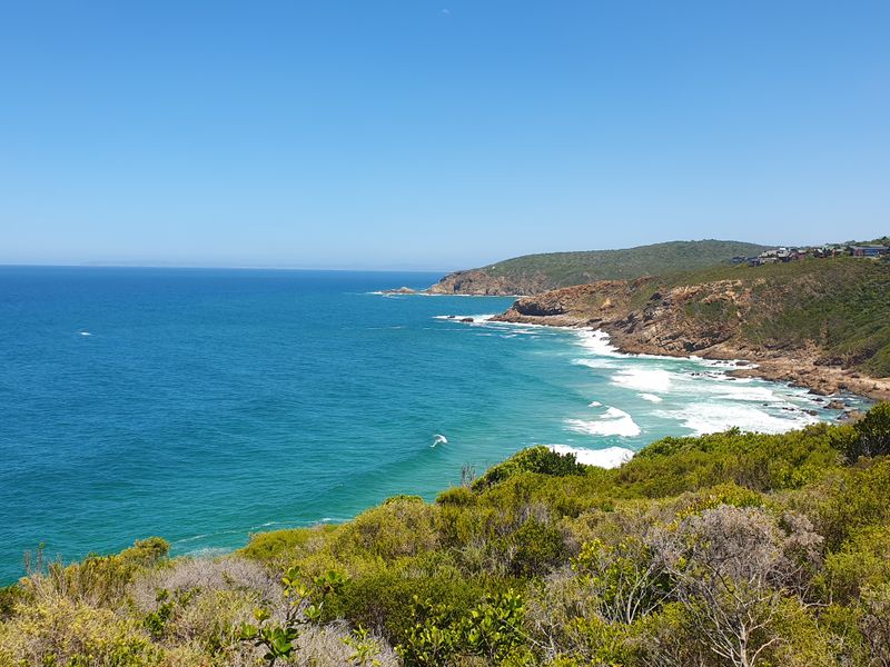 A scenic coastal view overlooking the ocean, rocky cliffs, and natural vegetation, showcasing the property's prime location.