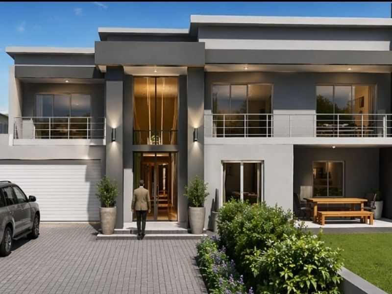 Modern double-storey residence featuring a paved driveway, automated garage, covered patio, and upper-level balcony with contemporary architectural finishes.