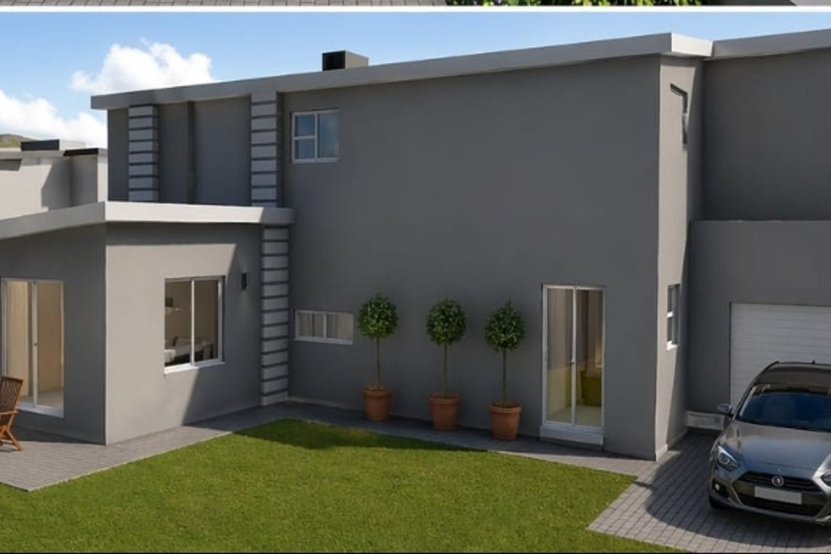 A modern two-story residential property featuring a paved driveway, attached garage, and a rear garden with a paved patio area.