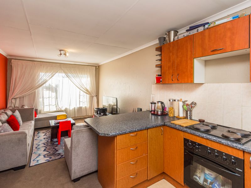Open-plan living area featuring a compact kitchen with built-in cabinetry, electric hob, and oven, seamlessly flowing into the adjacent lounge space.