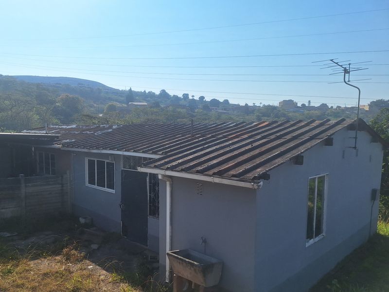 Rear exterior view of a single-story house featuring a corrugated roof, external utility sink, and surrounding landscape.