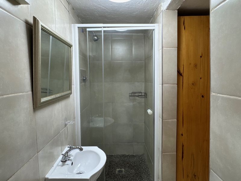 Compact bathroom featuring a tiled shower enclosure, wall-mounted basin with mixer tap, and a built-in wooden storage cupboard.
