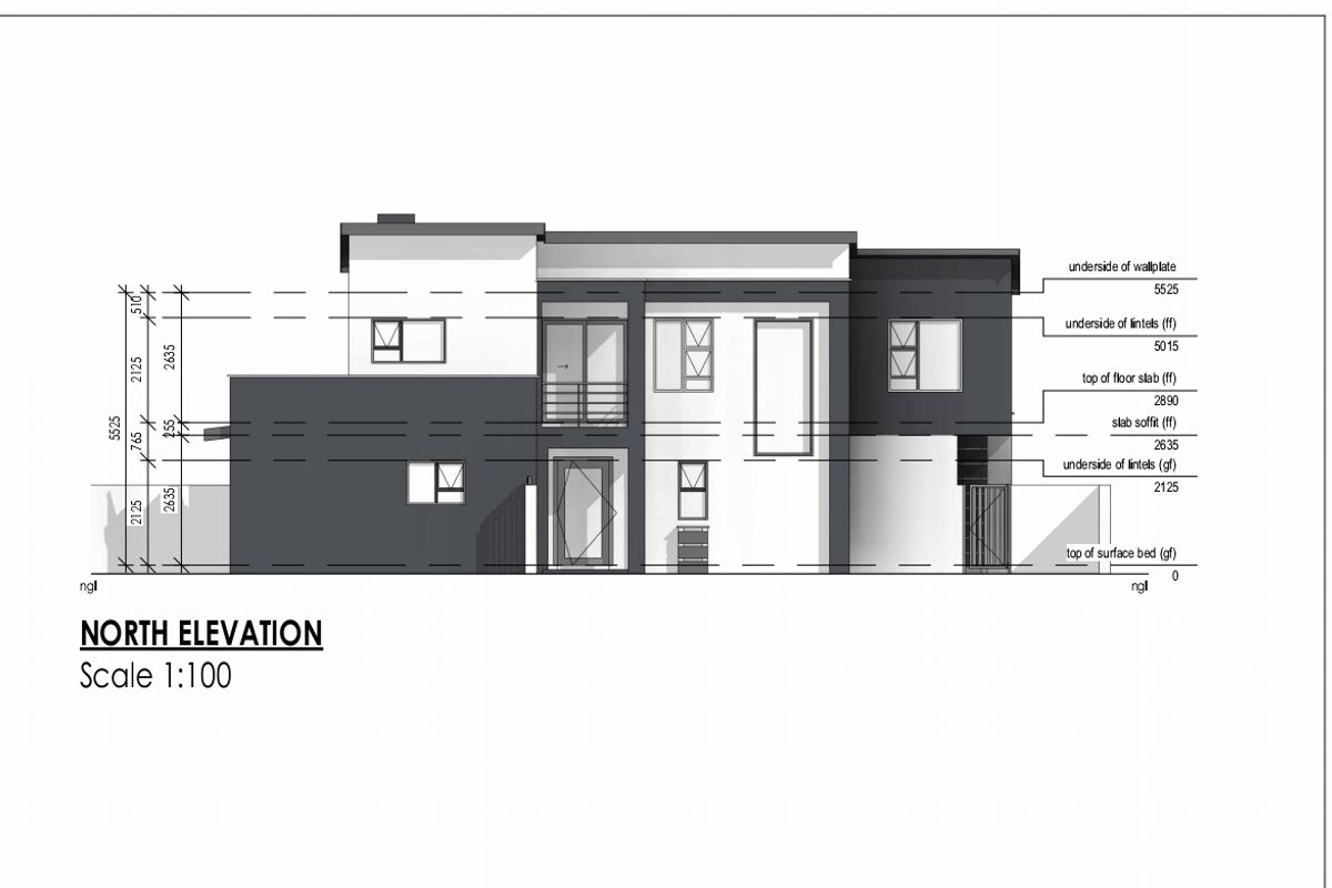 Architectural north elevation drawing showing the structural design and dimensions of the house facade.