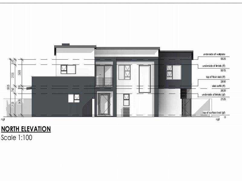 Architectural north elevation drawing showing the structural design and dimensions of the house facade.